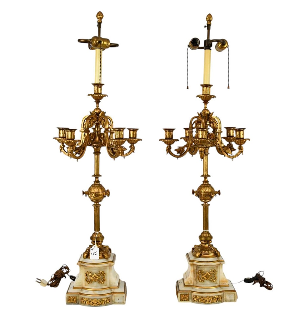 Pair of Gilt Bronze & Onyx 6 Light Candelabra with Gilt Accents, 36"h to finial x 12"w (medallion: Pair of Gilt Bronze & Onyx 6 Light Candelabra with Gilt Accents, 36"h to finial x 12"w (medallion missing on each one at bottom)