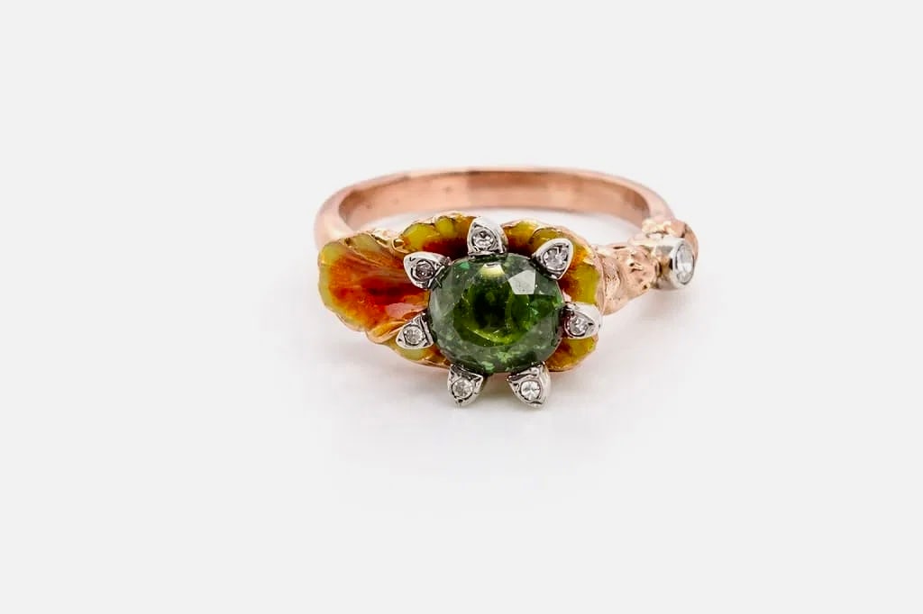 Russian gold ring with GIA 1.97 Demantoid Garnet size 6.5 Beautiful Russian pink gold enamel diamond: Russian gold ring with GIA 1.97 Demantoid Garnet size 6.5Beautiful Russian pink gold enamel diamond with GIA certificate 1.97 ct. Demantoid Garnet ring stamped 56 and maker?s mark , weight 6.2 , size 