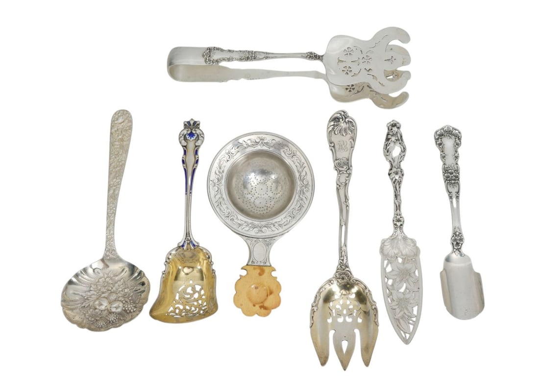 6 Sterling Silver Serving Pieces, incl; Gorham Tongs, S. Kirk & Son & Others (22 ozt) Longest (1 of 16)