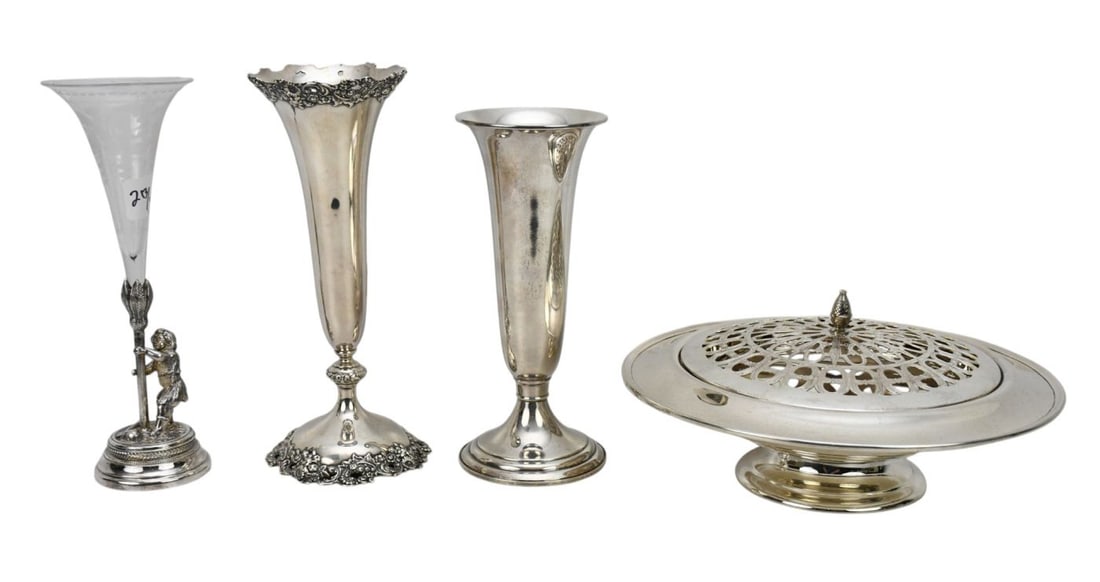 3 Sterling Silver Tablewares (24ozt.) & One Silverplate Bud Vase with Glass, Bowl For Flowers (3"h x (1 of 7)