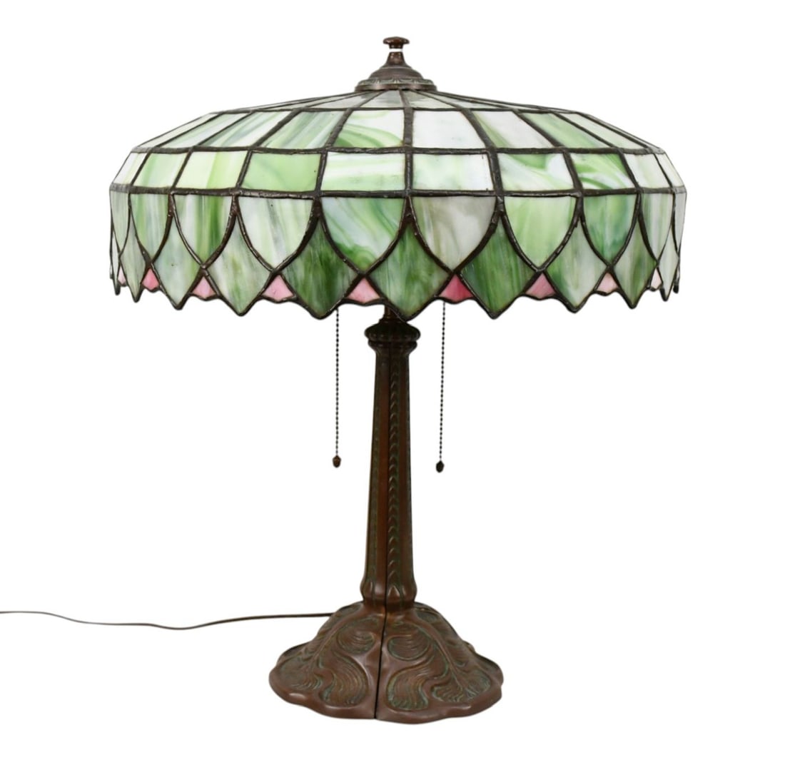 Antique green geometric slag glass table lamp, shade 18 inch diameter on bronze base 21 inches tall (1 of 7)