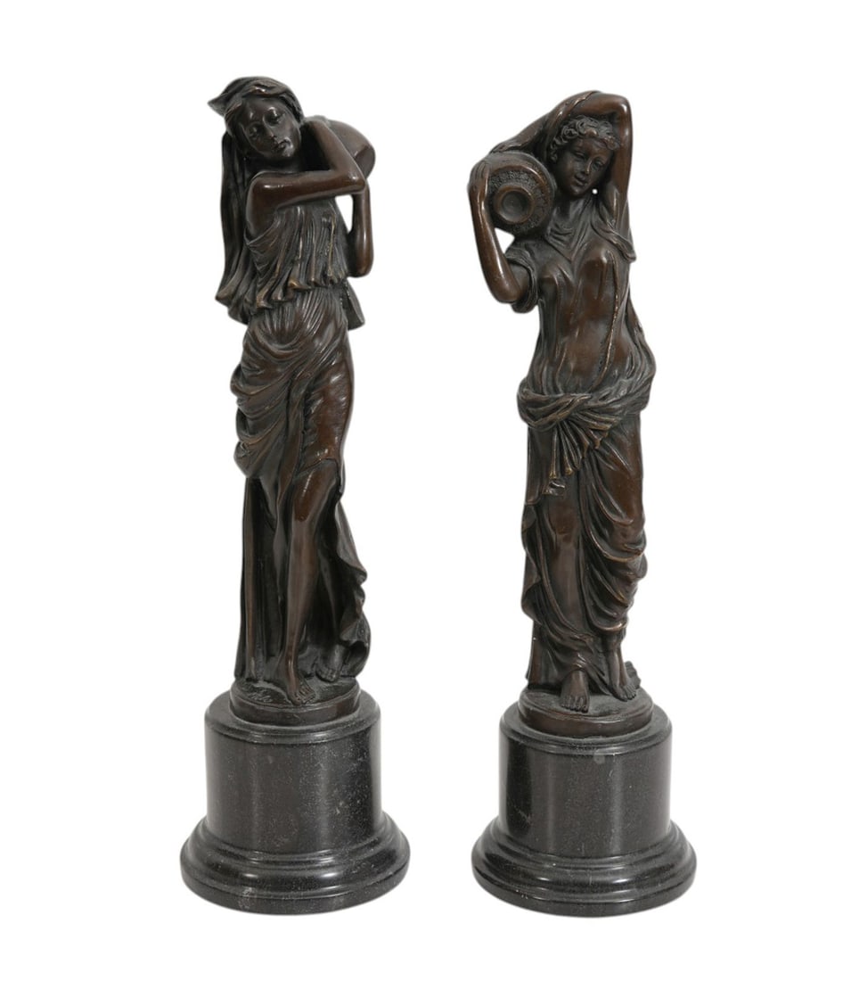 2 pc classical Bronze Lady Sculptures, carrying water jugs signed Milo. 10 inches tall on 3in. (1 of 8)