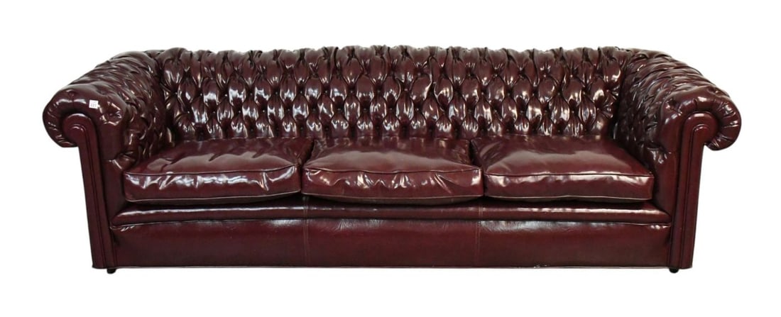 Vintage Leather Chesterfield Burgundy Sofa, 25"h x 95"w x 35"d (fine condition) ***If this item is (1 of 7)