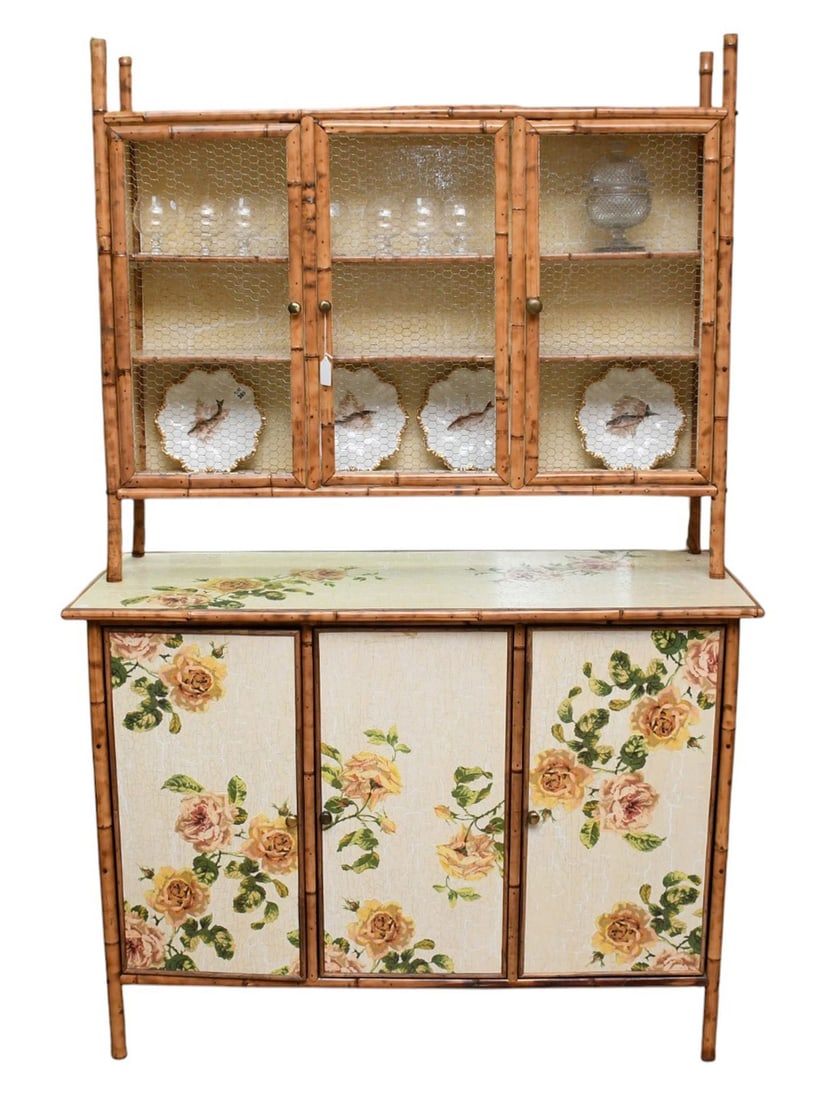 2 Pc. Rattan Decoupage Step-back Cabinet, Doors with Wire Fronts, 80"h x 50"w x 20"d (Cabinet Only) (1 of 8)