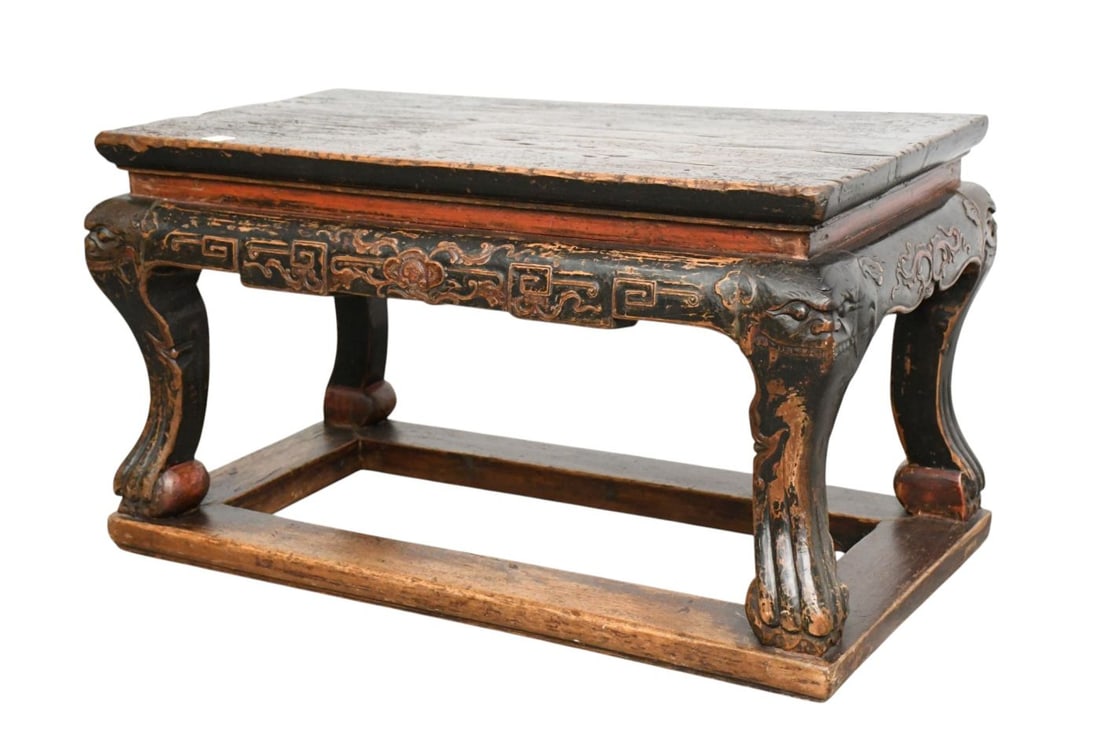 Chinese 19th C. Altar Table, Carved Masks at Corners, Stretcher Base, 18 1/2'h x 29"w x 16"d (1 of 6)