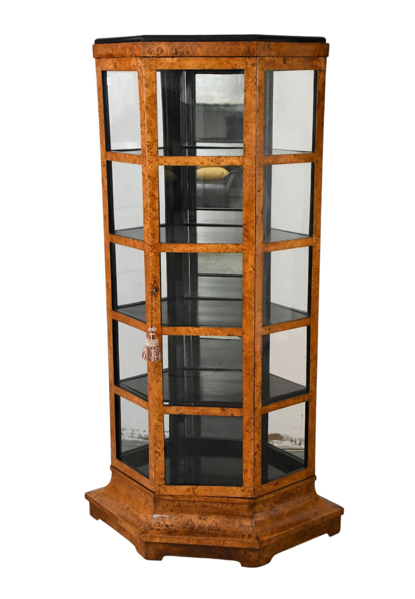 2 Pc. Burled Wood Display Cabinet, 5 Shelf Interior & Center Door with Lights, 69"h x 34"w x 14"d (1 of 10)