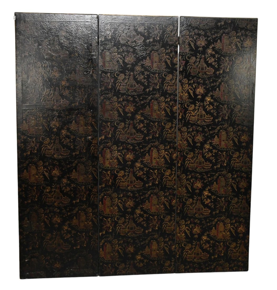 Black Lacquered 3 Panel Screen, 19th c, Asian Painted Chinoiserie Motif, 70 x 21 inches. each (1 of 8)