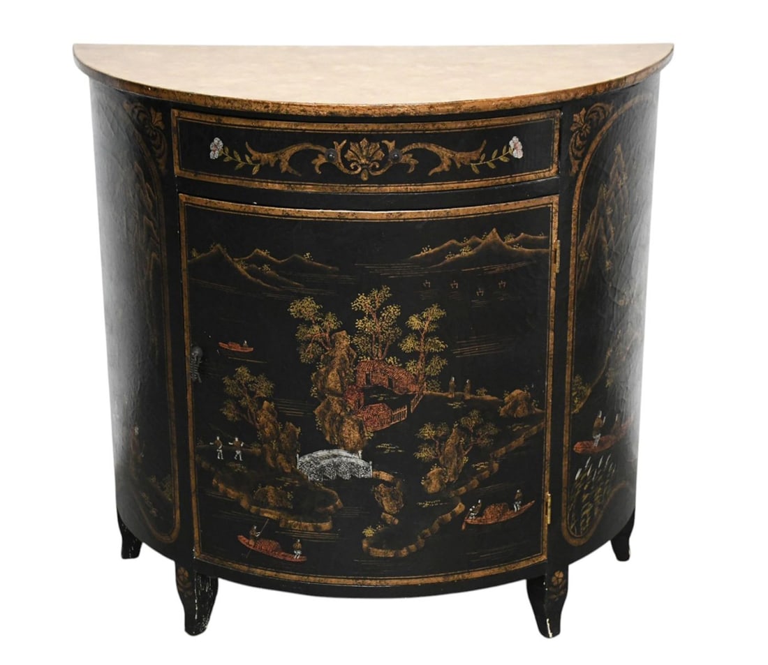 Demilune Console, Black with Chinoiserie Design, Single Drawer Over Door, Faux Stone Top, 37"h x: Demilune Console, Black with Chinoiserie Design, Single Drawer Over Door, Faux Stone Top, 37"h x 38"w x 17"d (bale handle missing)***If this item is not picked up by the Friday following the auction, 