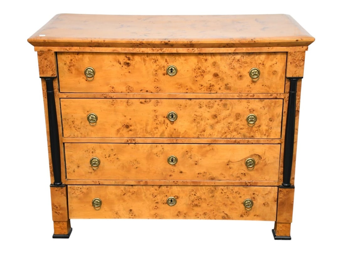 Biedermeier 19th c. 4 Drawer Chest, Burled Wood Chamfered Edges with All Brass Hardware, 42"h x 50"w (1 of 10)