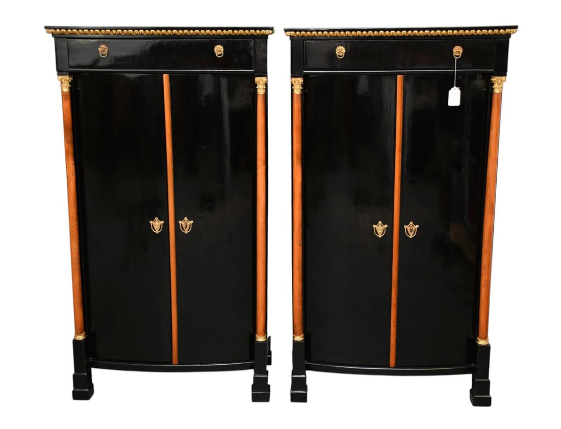 Pair 19th c. Black Lacquered Cabinets Gilded Egg & Dart Over Single Drawer, Over Cabinet Doors: Pair 19th c. Black Lacquered Cabinets Gilded Egg & Dart Over Single Drawer, Over Cabinet Doors Flanked by Round Lightwood Stiles with Gilded Capitals on Black Feet, 59 1/2"h x 33"w x 18 1/2"d***If thi