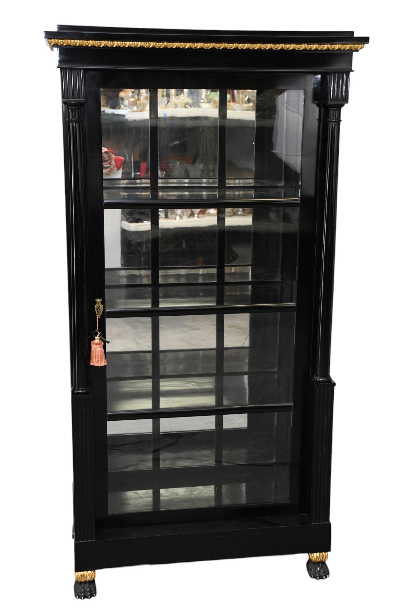 Black Lacquer Display Cabinet, Single Glass Door with Side Lights, 4 Shelf Interior, Egg & Dart: Black Lacquer Display Cabinet, Single Glass Door with Side Lights, 4 Shelf Interior, Egg & Dart Gilded Trim, Construction on Reverse Side, 67"h x 33"w x 17"d***If this item is not picked up by the Fri