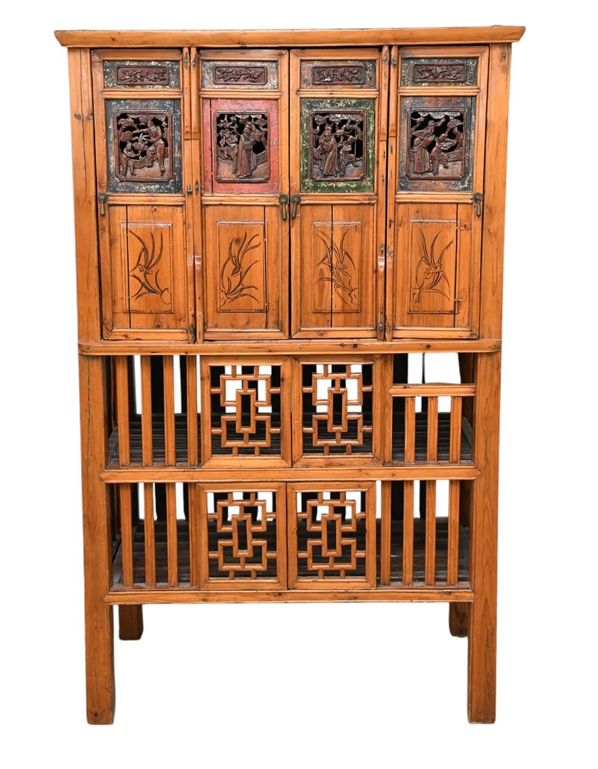 19th c. Chinese Cabinet 4 Doors with Carved Panels Over 2 Tiers of Sliding Open Work Doors, 65"h x (1 of 11)
