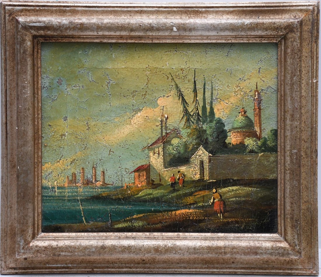 Follower of Francesco Guardi oil on canvas, Italian village by water, 10 x 12 inches. Overall framed (1 of 3)