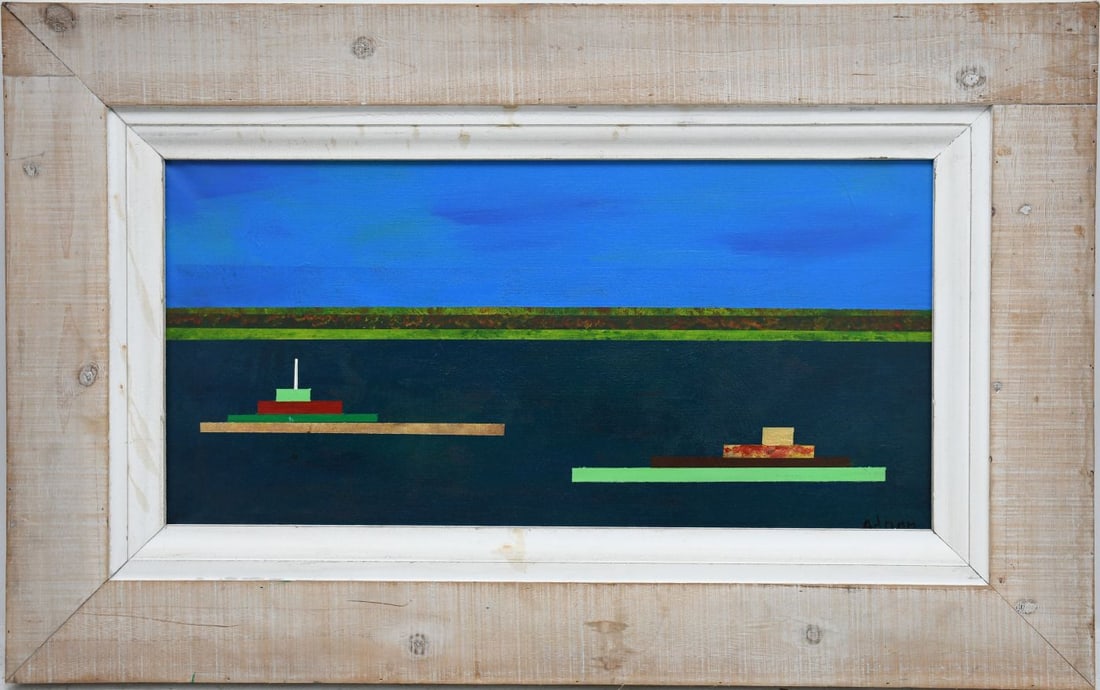 Attributed to: Etel Adnan (Lebanese-American, 1925-2021) oil on canvas, Modern Boats painting, 12 x (1 of 5)