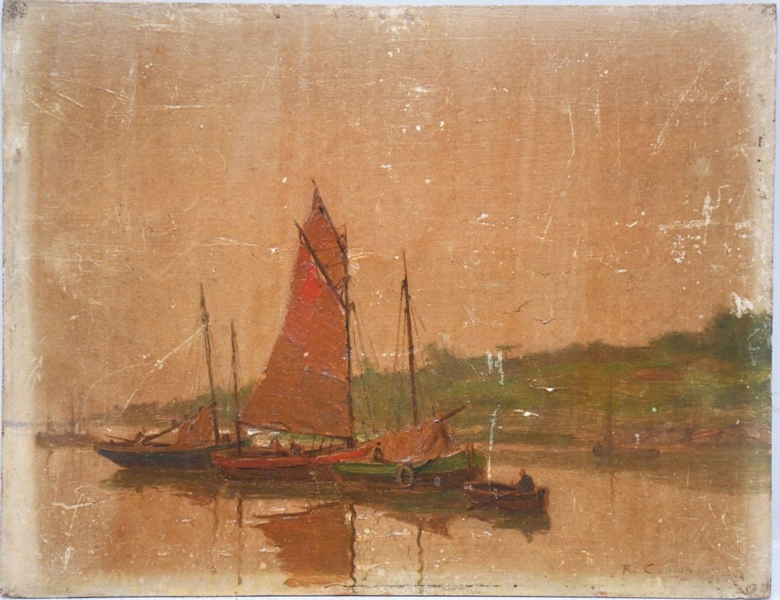 Rene Coulon Maritime Seascape, oil on wood panel, 7-1/4 x 9-1/4 inches. Unframed.: Rene Coulon Maritime Seascape, oil on wood panel, 7-1/4 x 9-1/4 inches. Unframed.