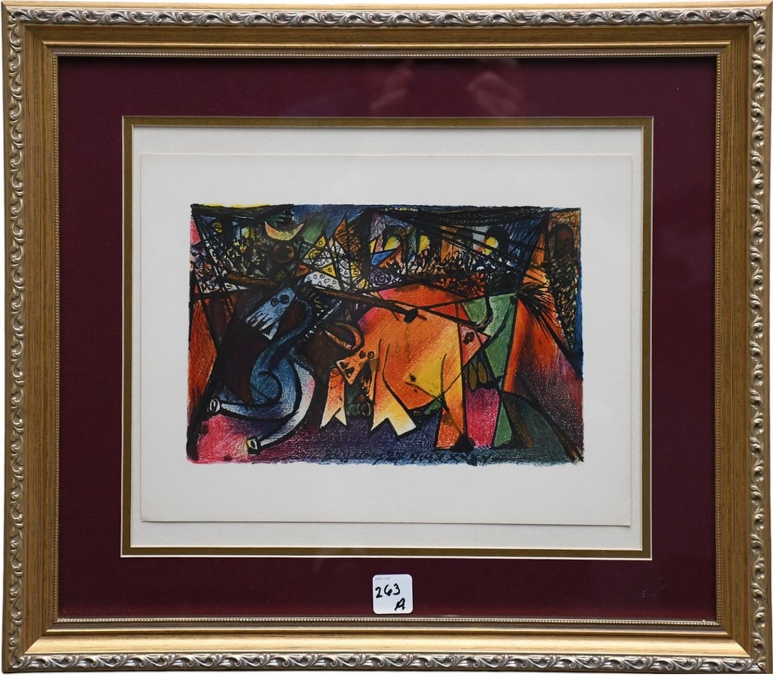 Pablo Picasso, Run of the Bulls Lithograph, Sheet size 9-1/2 x 12-1/4 inches. Overall framed size: Pablo Picasso, Run of the Bulls Lithograph, Sheet size 9-1/2 x 12-1/4 inches. Overall framed size 17-1/4 x 19-1/4 inches.