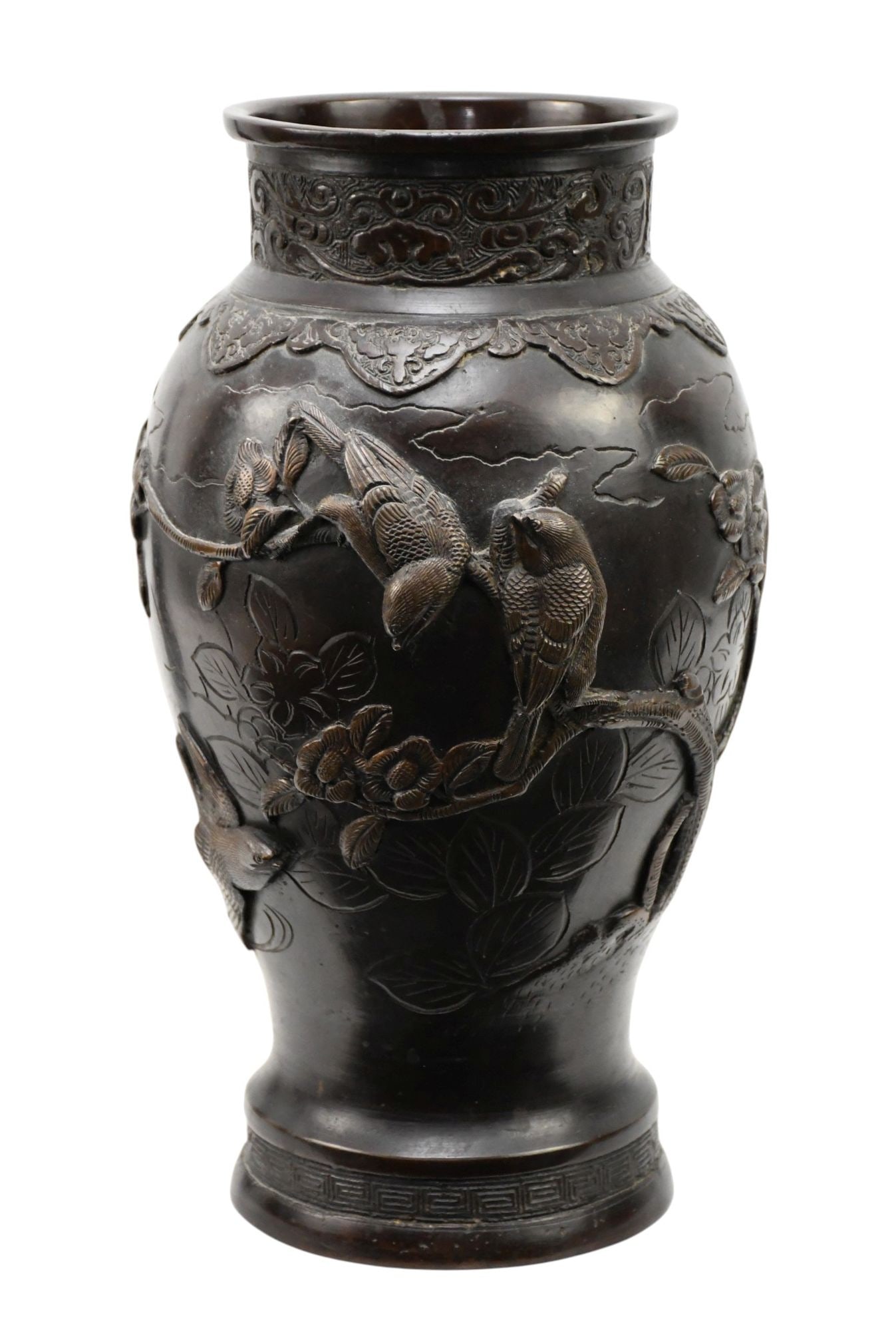 Japanese Bronze Vase from the Meiji Period, Featuring High-Relief Sculptural of Birds with Flowering (1 of 6)