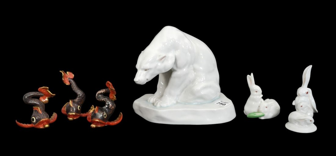 Herend Porcelain, Seated Polar Bear, 3 Rabbit Groupings & 3 Dolphins (Bear 7 1/2"h x 9"w x 6"d) (1 of 12)