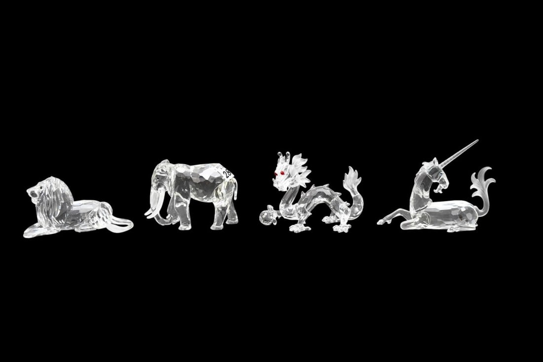 4 Swarovski Crystal Animals, Elephant, Lion, Unicorn & Dragon, Largest 4"h x 4 1/2"w x 3 1/2"d, Box: 4 Swarovski Crystal Animals, Elephant, Lion, Unicorn & Dragon, Largest 4"h x 4 1/2"w x 3 1/2"d, Box 5"h x 10"w x 10"d