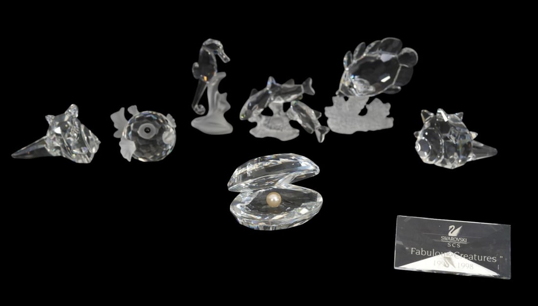 7 Pc. Swarovski Sea Life, Clam Shell with Pearl, 3 Fish, Seahorse & 2 Seashells (1 of 8)