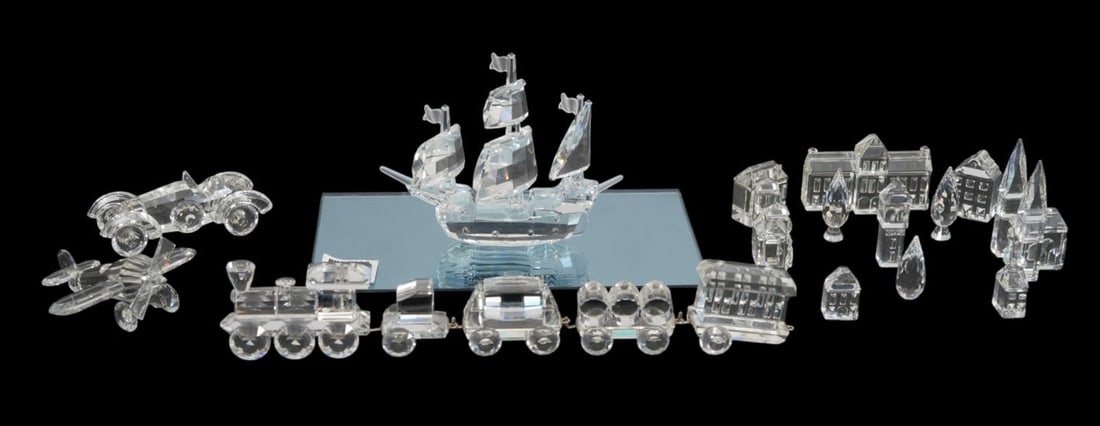 Swarovski Crystal Lot, Plane, Train, Cars, Bldgs., Trees & Sant Maria on Mirror, Tallest 4"h x 9"L (1 of 13)
