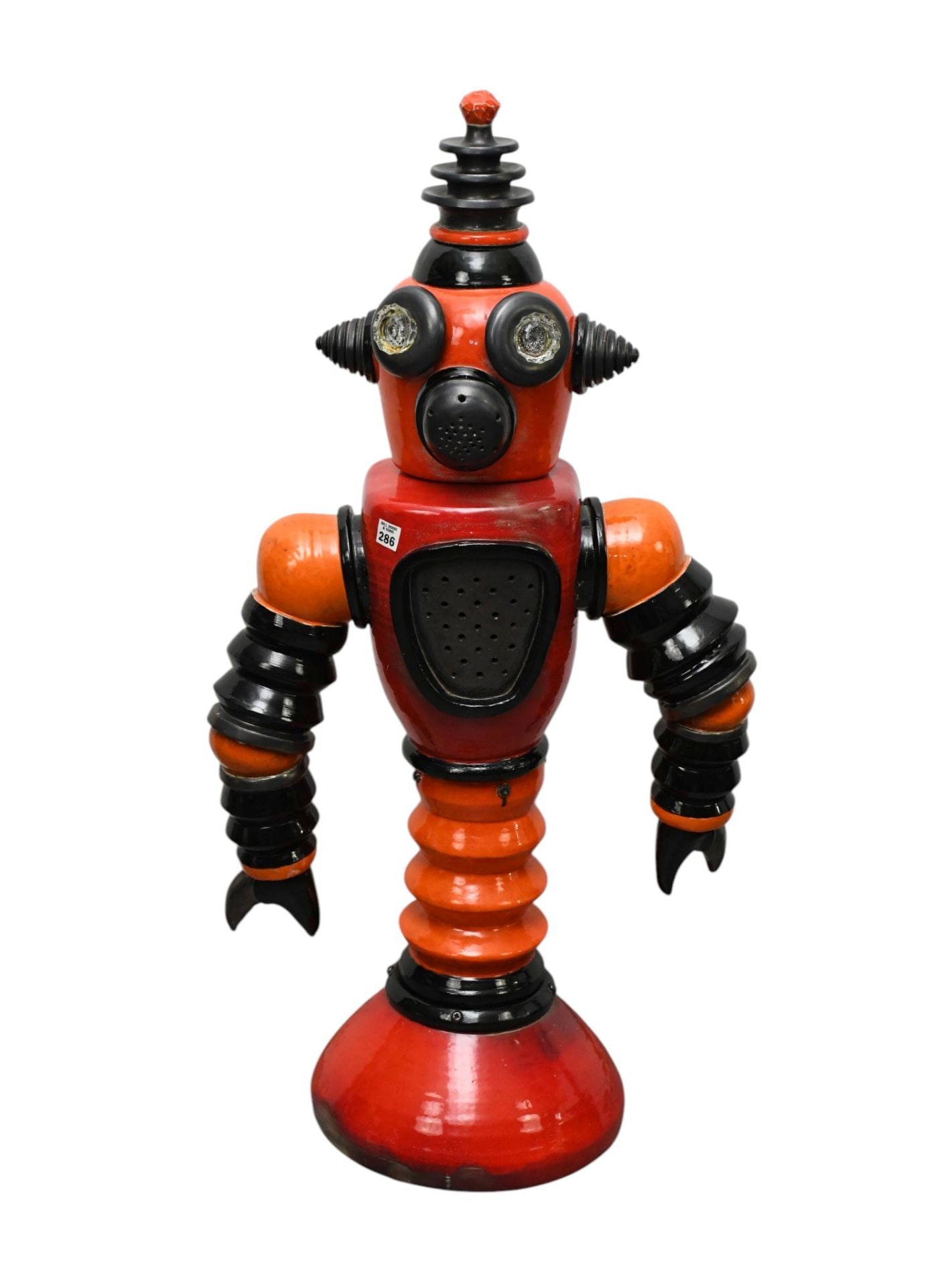 Unique Pottery Robot Sculpture by Artist Amber Pelish, Painted Red & Yellow, 6 Pcs, 42"h x 21"w x (1 of 5)
