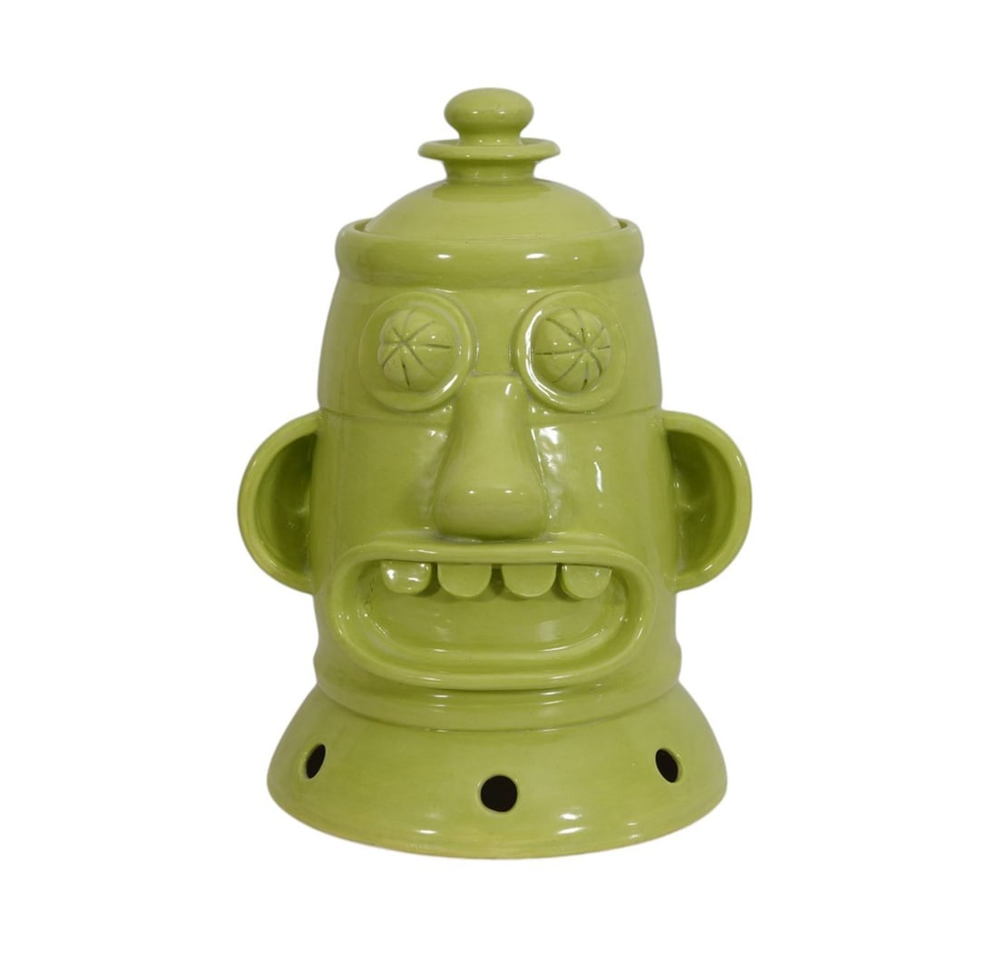 Unique Hand Sculptured Pottery Robot Head Jar With Lid, Artist Amber Pelish, 14" x 9"dia (1 of 7)