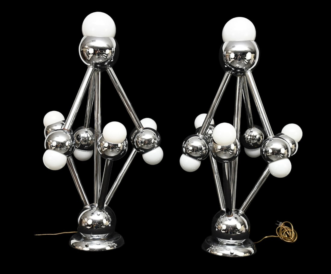 Pair Mid Century Atomic Space Age Era Atomium Chrome Table Lamps, 34"h x 20"w (some pitting) (1 of 11)