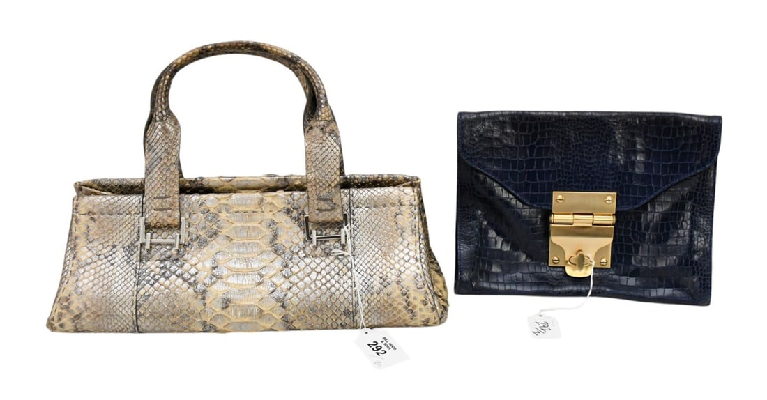 2 Handbags, Navy and Black Croc Embossed Leather Clutch with Gold Hardware, Condition Good, 7 1/2"h (1 of 8)
