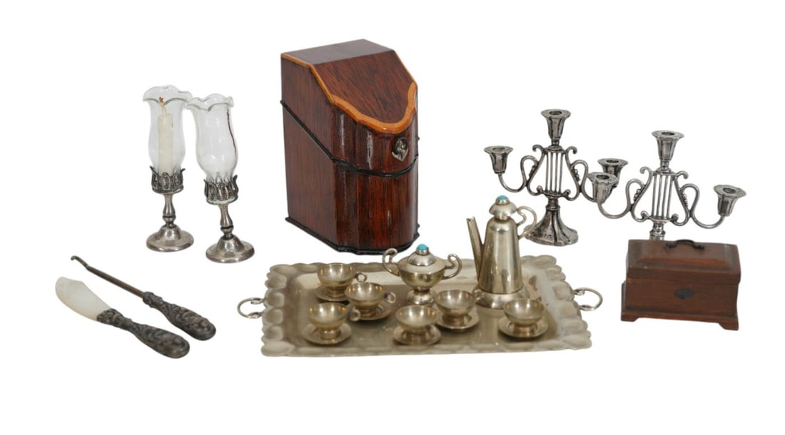 Dollhouse Lot Miniatures, Knife Box Complete with Flatware, Pair Candelabra, Pair Hurricane Lamps, (1 of 15)