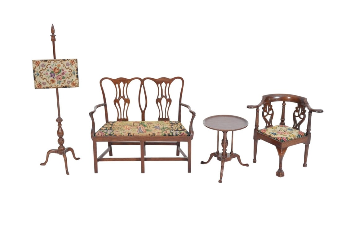 4 Doll House Furniture Pieces, Chippendale Style Settee, Corner Chair, Mahogany Candlestand and (1 of 8)