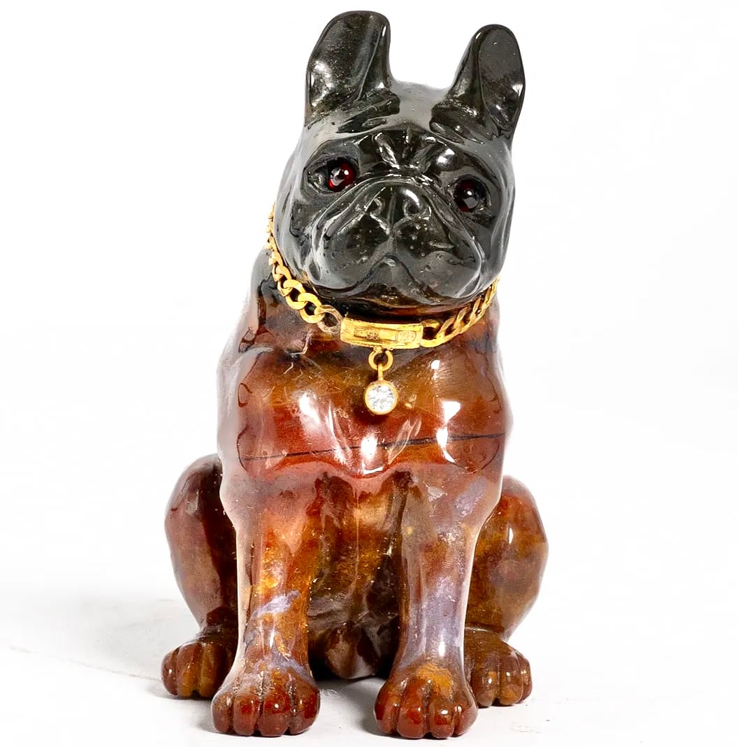 Russian Faberge Era Carved Agate, Ruby, Diamond, 14k Gold Dog Figurine A Russian Faberge era carved (1 of 10)