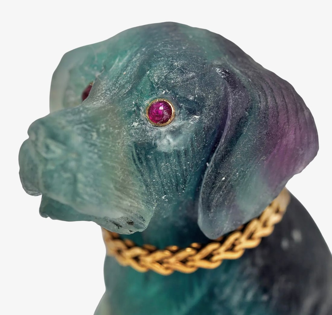 Russian Faberge Era Carved Fluorite, 14k Gold, and Ruby Dog Figurine A Russian Faberge era carved - 10