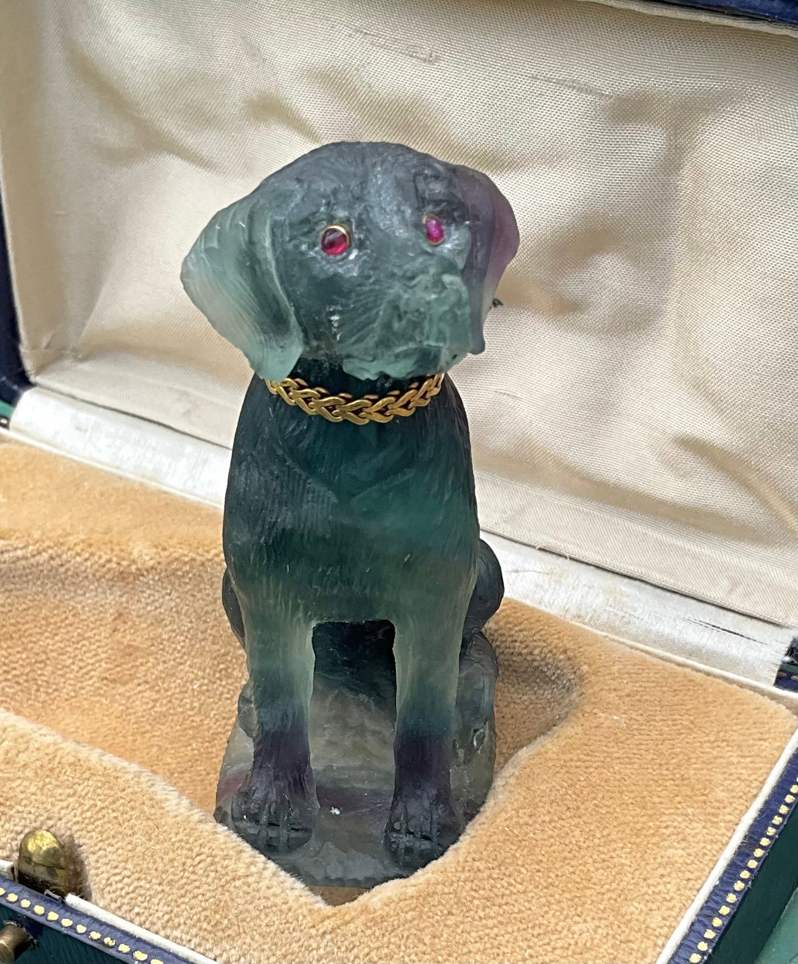 Russian Faberge Era Carved Fluorite, 14k Gold, and Ruby Dog Figurine A Russian Faberge era carved - 12