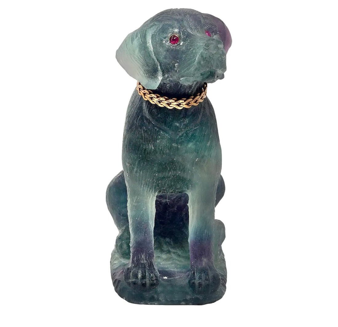 Russian Faberge Era Carved Fluorite, 14k Gold, and Ruby Dog Figurine A Russian Faberge era carved (1 of 12)