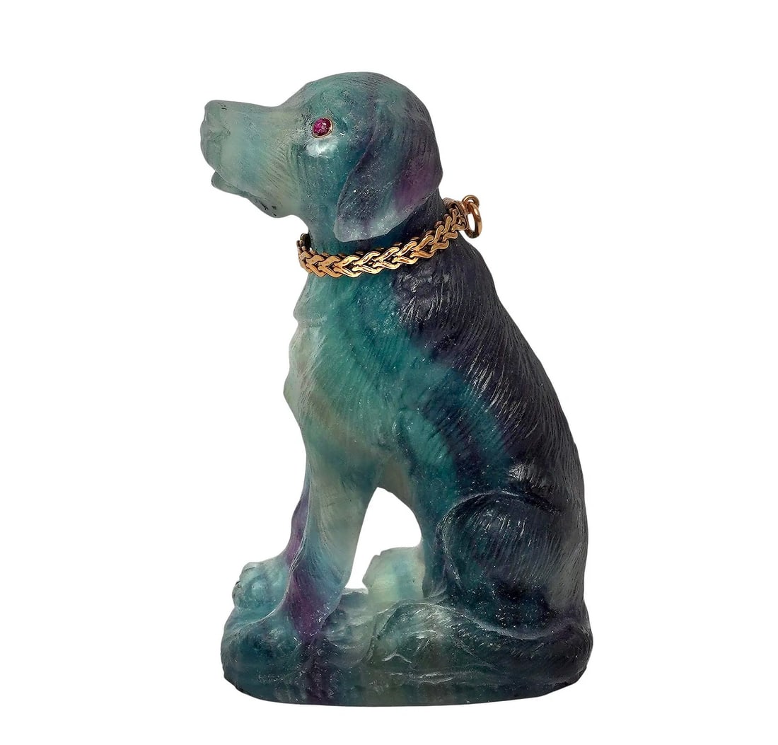 Russian Faberge Era Carved Fluorite, 14k Gold, and Ruby Dog Figurine A Russian Faberge era carved - 2
