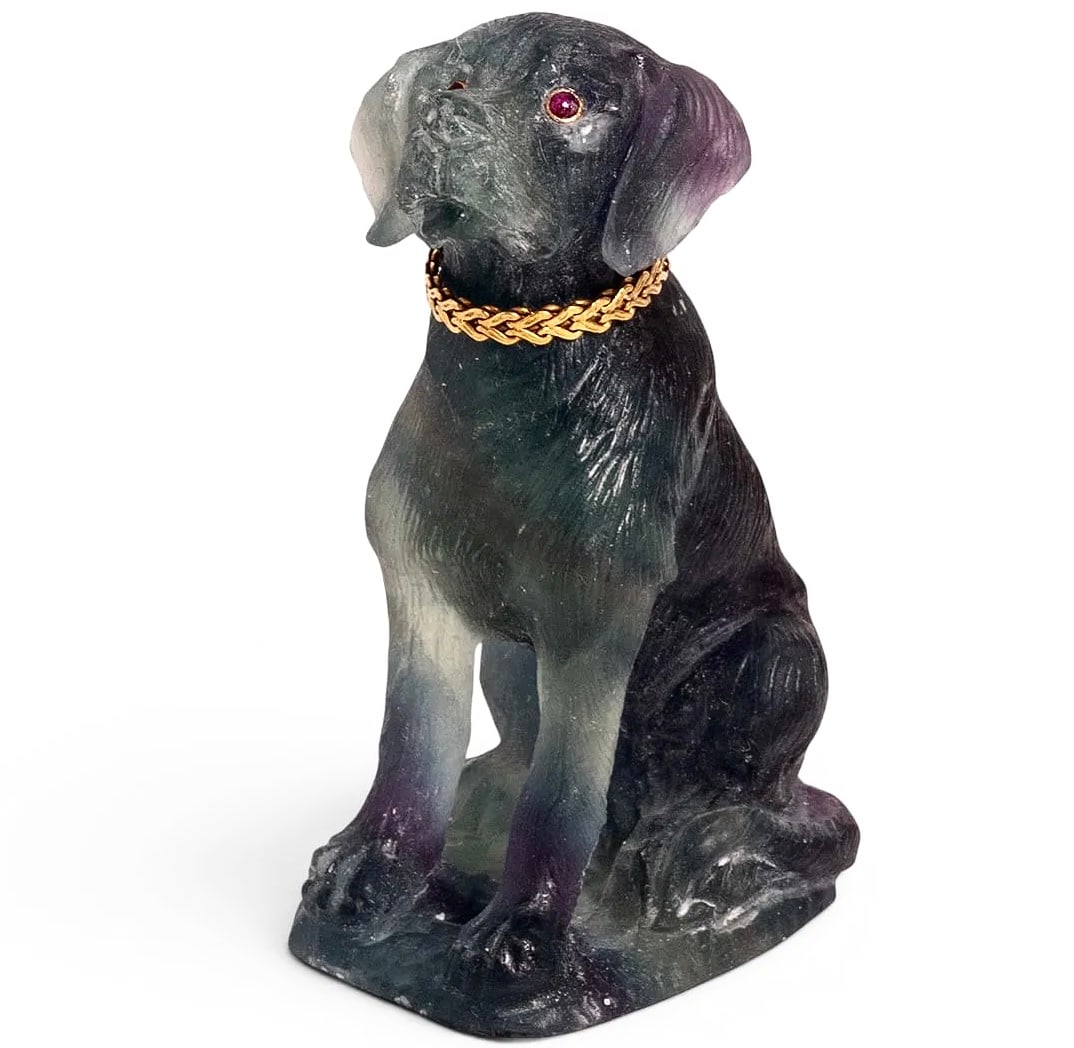 Russian Faberge Era Carved Fluorite, 14k Gold, and Ruby Dog Figurine A Russian Faberge era carved - 5