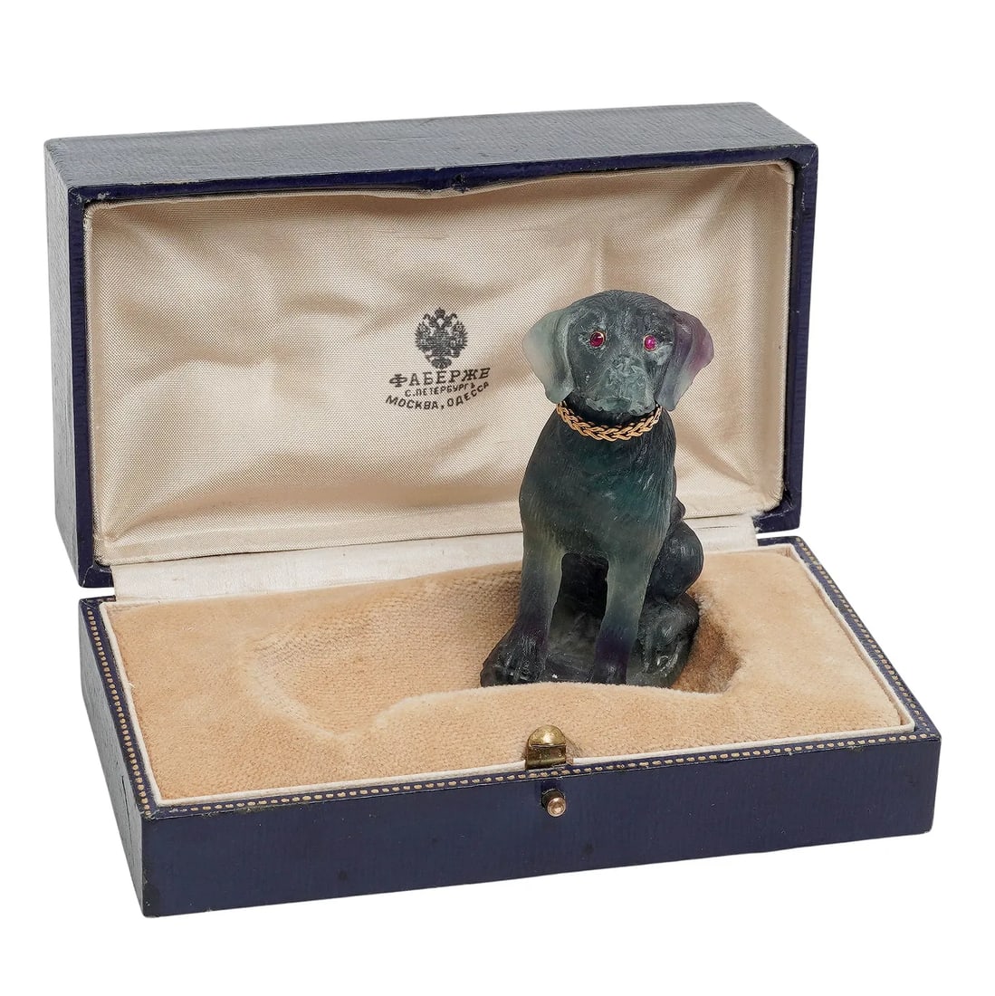 Russian Faberge Era Carved Fluorite, 14k Gold, and Ruby Dog Figurine A Russian Faberge era carved - 6