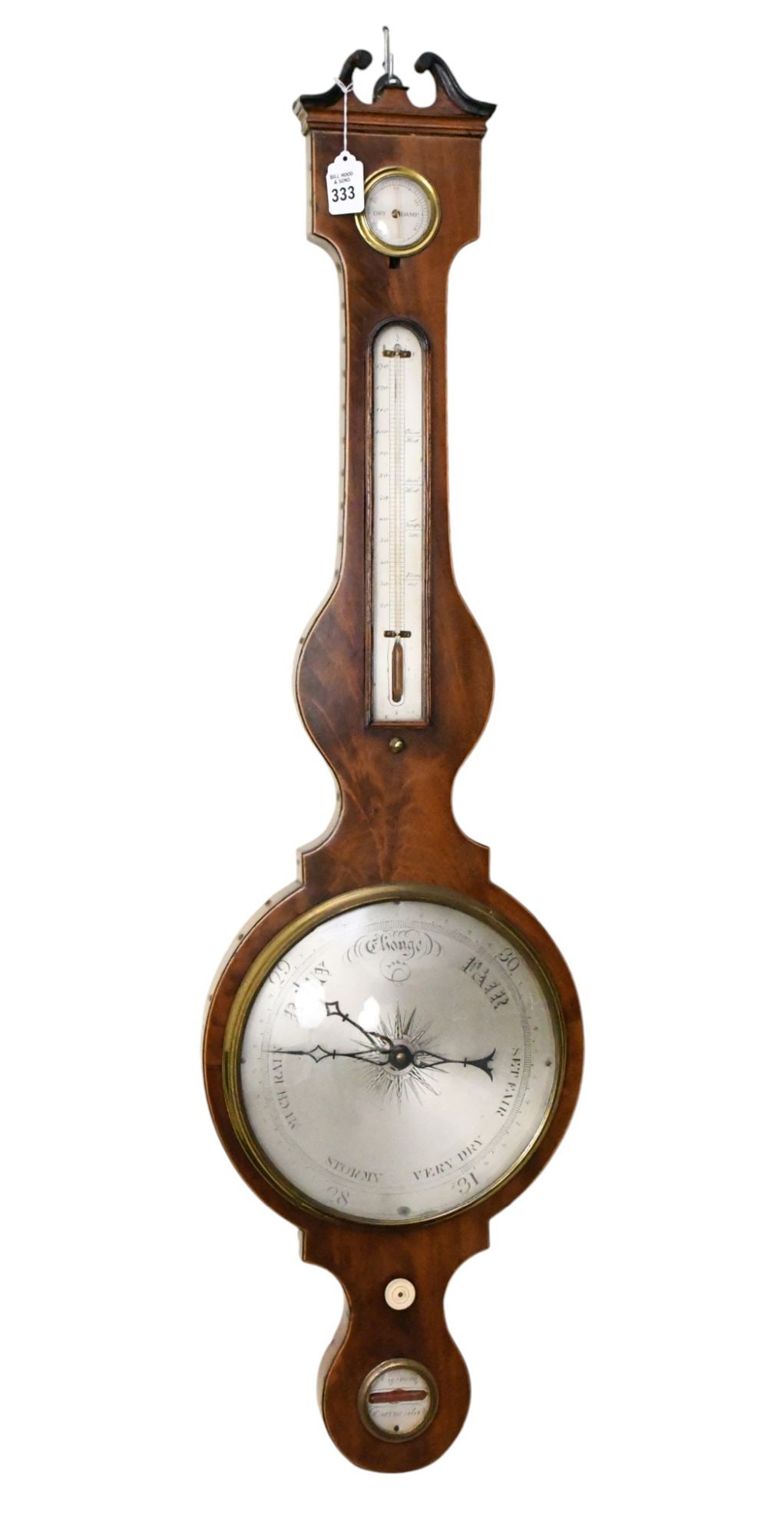 Antique Georgian Wheel Barometer, Mahogany Frame, Inscribed with Weather Predictions, 42"h x 12"w x (1 of 5)