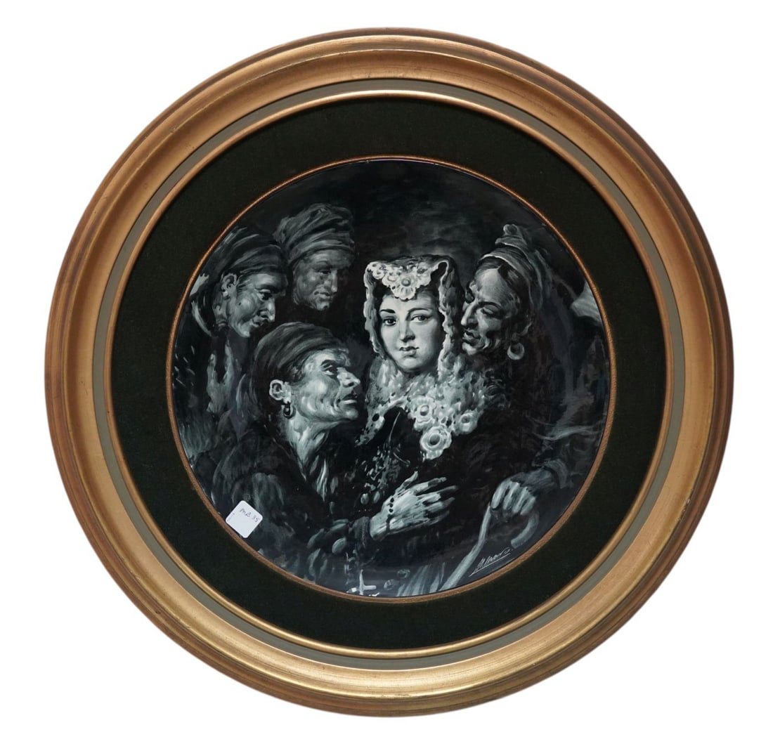 Porcelain Framed Charger, Depicting Gypsy Type Figures Around Female, Consejeras de la Novia, I.