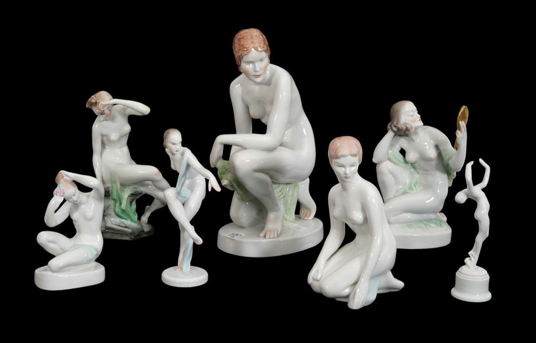 7 Porcelain Pieces, 5 Herend Porcelain "Bathing Beauties", 2 Hungary Porcelain Figures, Marked (1 of 10)