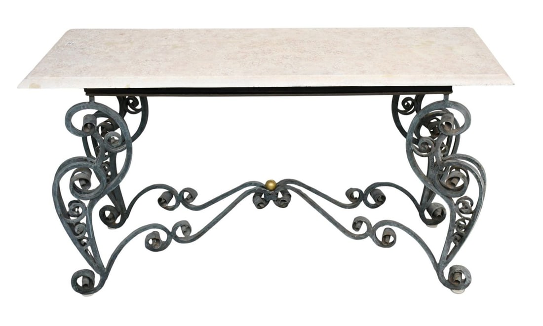 Console With Faux Painted Top on Scrolling Metal Base, 30"h x 51"w x 18 1/2"d: Console With Faux Painted Top on Scrolling Metal Base, 30"h x 51"w x 18 1/2"d
