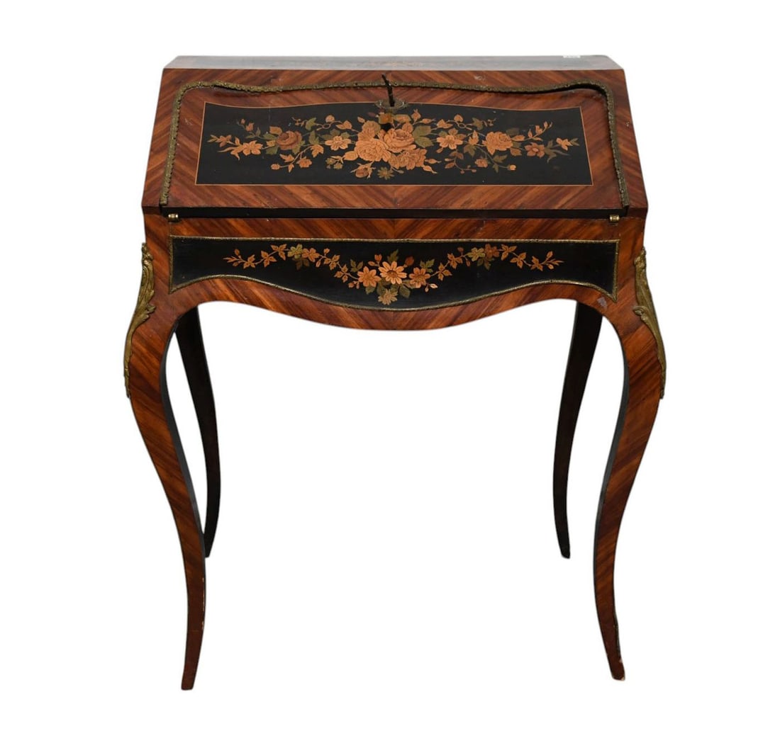 Diminutive French Ladies Writing Desk with Inlay Panels with Gilt Metal Mounts, 35"h x 26 1/2"w x: Diminutive French Ladies Writing Desk with Inlay Panels with Gilt Metal Mounts, 35"h x 26 1/2"w x 18"d