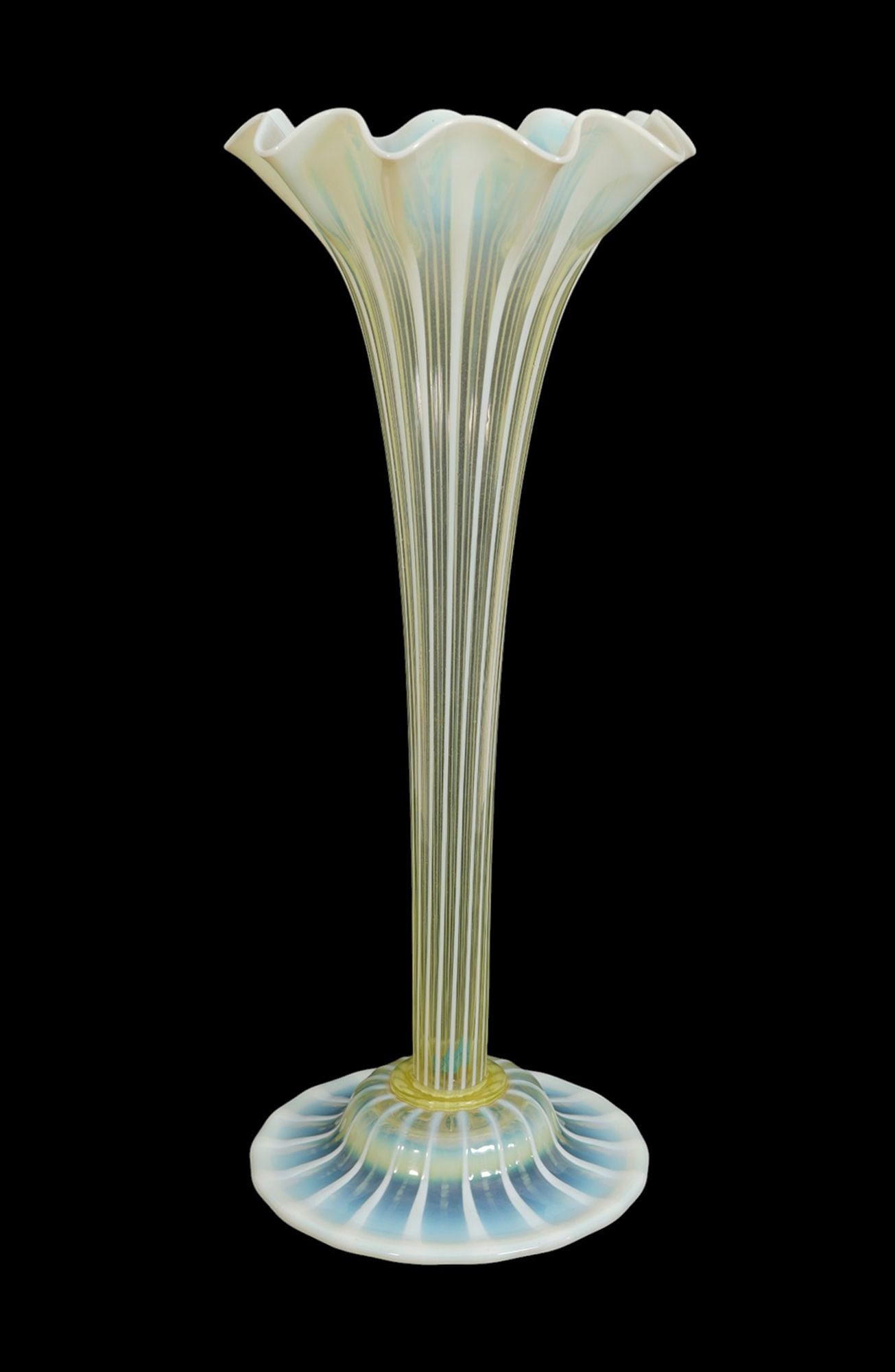 English Antique Uranium/Vaseline Glass Trumpet Shape Vase with Ruffled Rim, Fine Condition, 18"h x 7 (1 of 5)