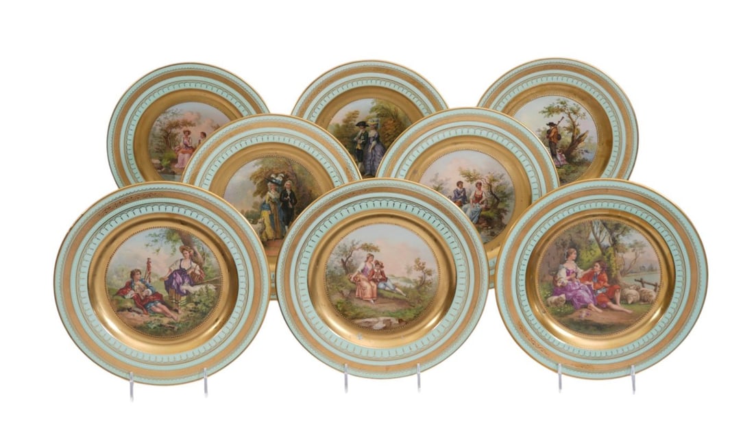 8 Royal Vienna Porcelain Plates, Hand painted Courting Scenes With Artist Signatures, 10 3/4"dia (1 of 11)