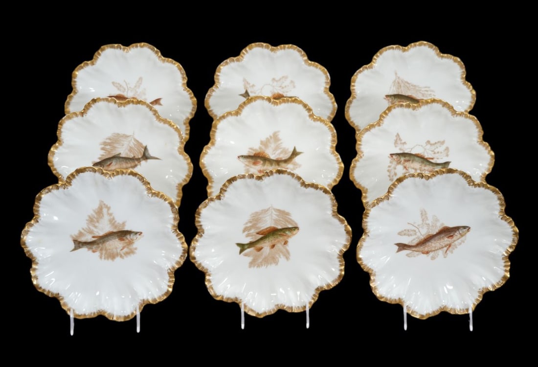 9 Limoges France Fish Plates with Scalloped Rims with Gilt Edges, 9 1/4"dia (1 of 12)