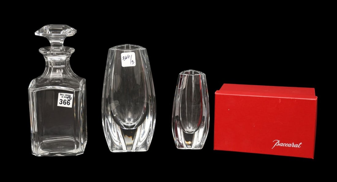 3 Baccarat Crystal Pcs, Decanter (9 1/2"h x 3 1/2") square AND 2 Vases (Tallest 8"h x 4 1/2"w) (1 of 4)
