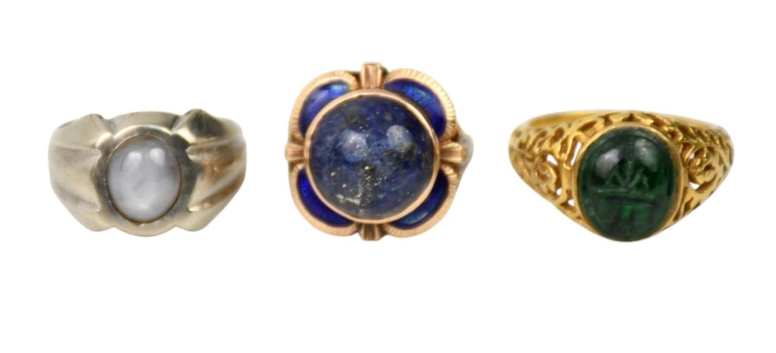 3 -14k Yellow & White Gold Rings. Lapis Size 6 wt., Green Intaglio ring size 8.25 and Star Sapphire (1 of 7)