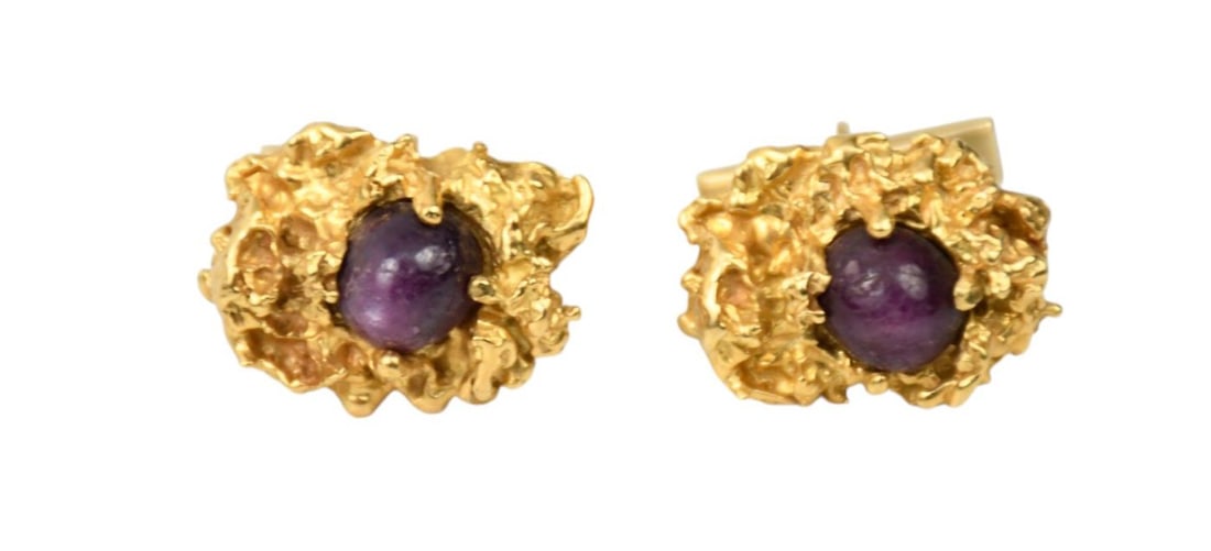 14k yellow Gold Brutalist Ruby Cufflinks. WT. 27.1 grams Nugget setting hold Cabochon Rubies. (1 of 5)