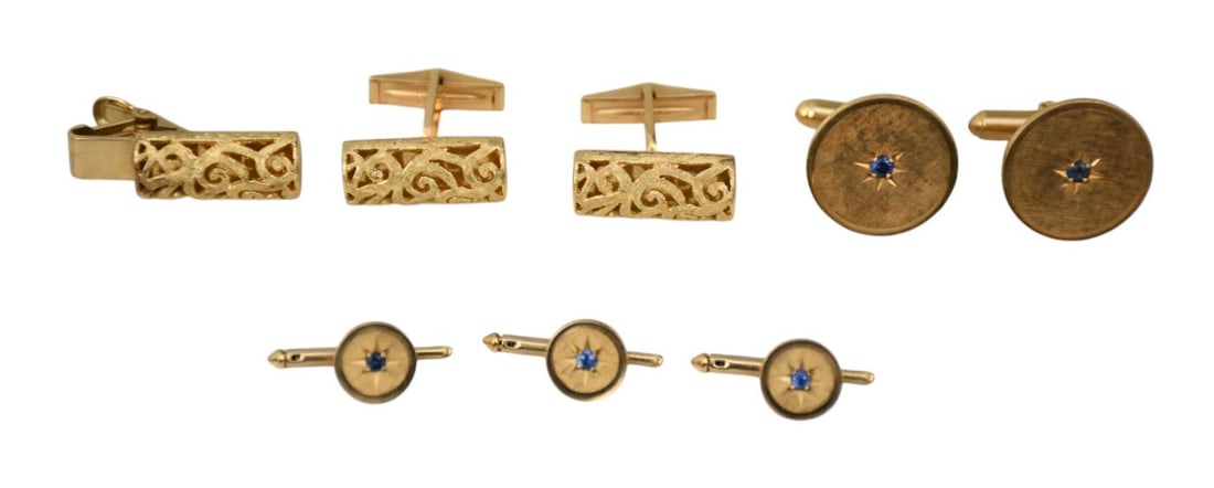 14K Yellow Gold Cufflinks and Tie clip Lot. Larter Sapphire Cufflinks links and Stud Set and 14K (1 of 5)